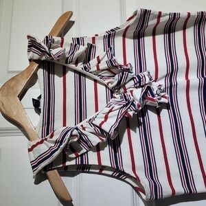 𝅺NAUTICA Red White & Navy Akiva Striped Ruffled Sleeveless Pirate Top